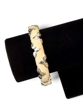White House Black Market Cream Silver Hinged Bangle Bracelet NWT